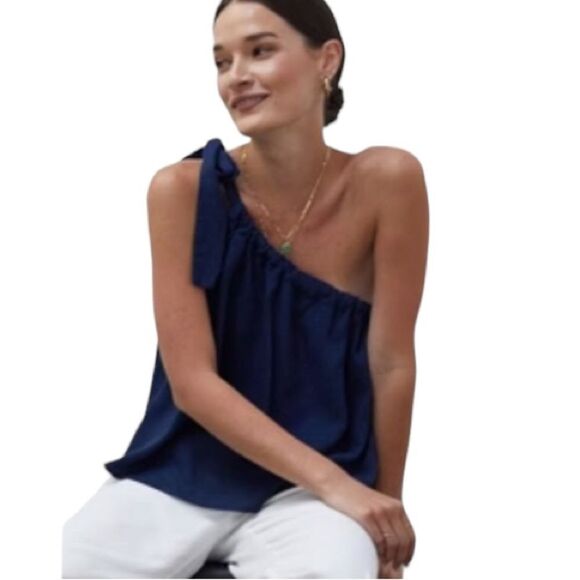 Crescent green linen blend one shoulder drawstring top S - Picture 2 of 10